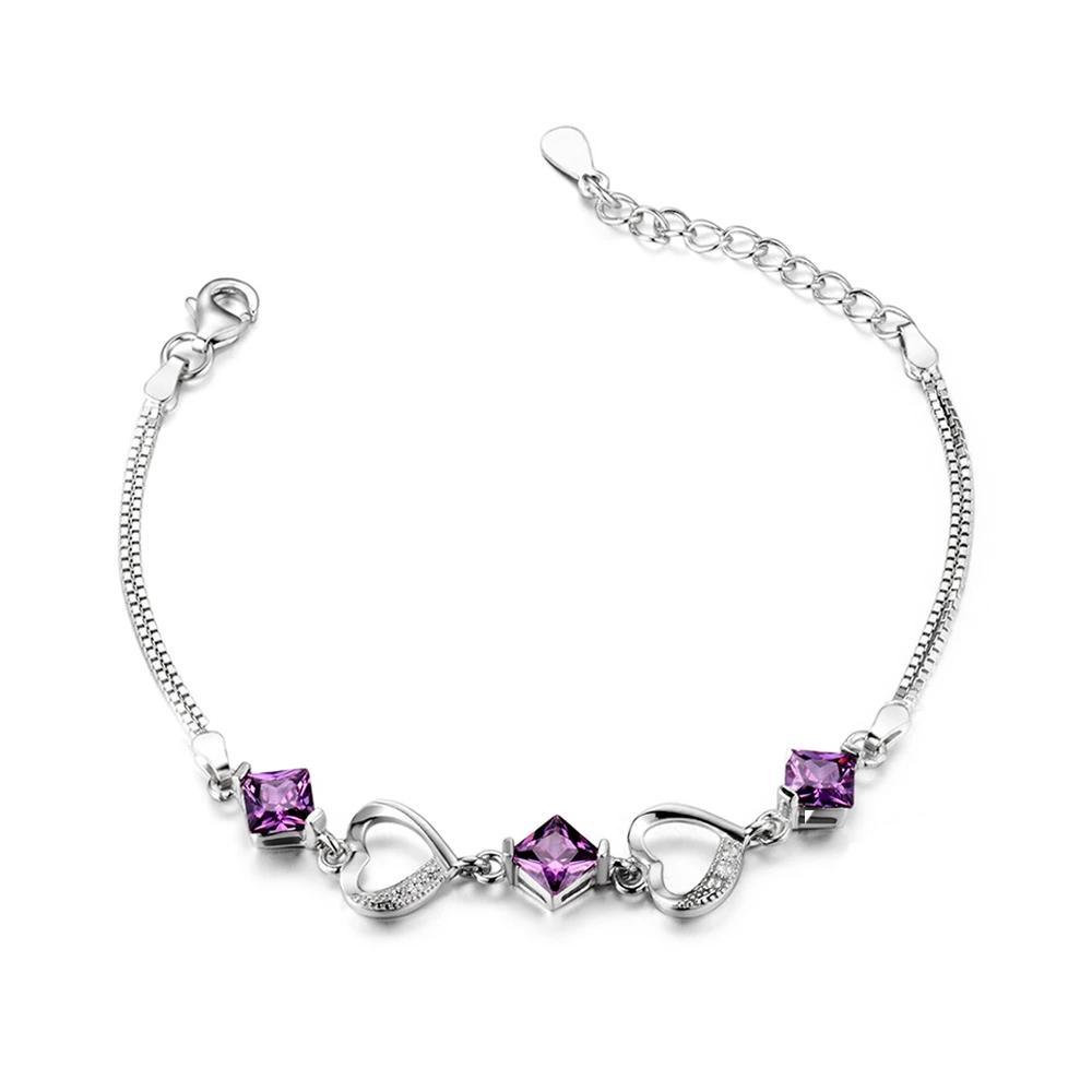 Women 925 Sterling Silver Bracelets with Rhombus Purple Cubic Zirconia, Best Gift Bracelet for Her - Personalized Jewel