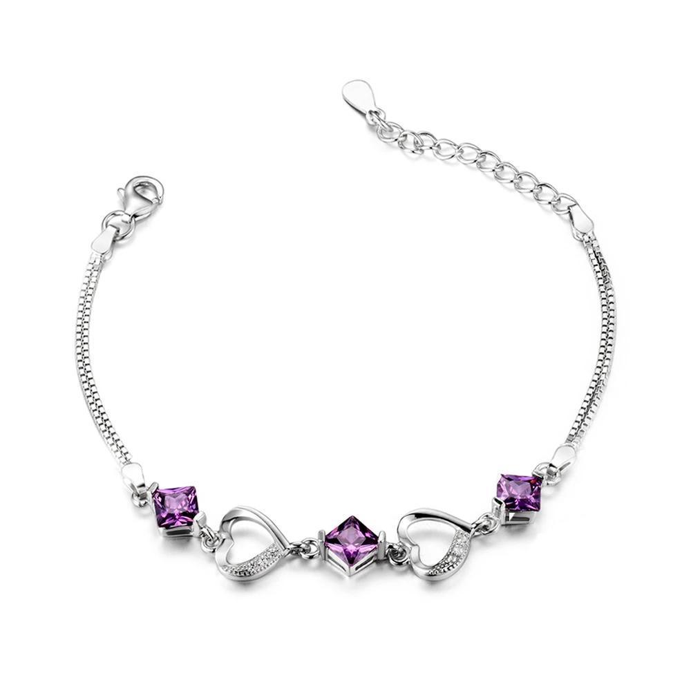 Women 925 Sterling Silver Bracelets with Rhombus Purple Cubic Zirconia, Best Gift Bracelet for Her - Personalized Jewel