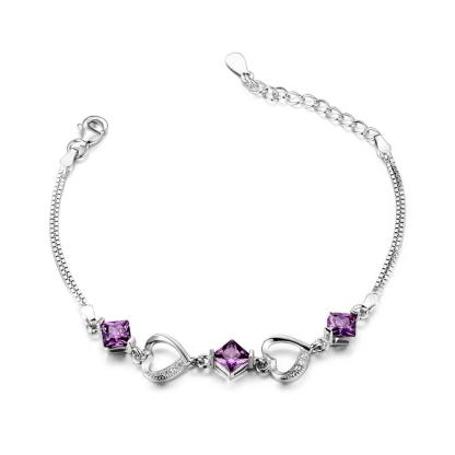 Women 925 Sterling Silver Bracelets with Rhombus Purple Cubic Zirconia, Best Gift Bracelet for Her - Personalized Jewel