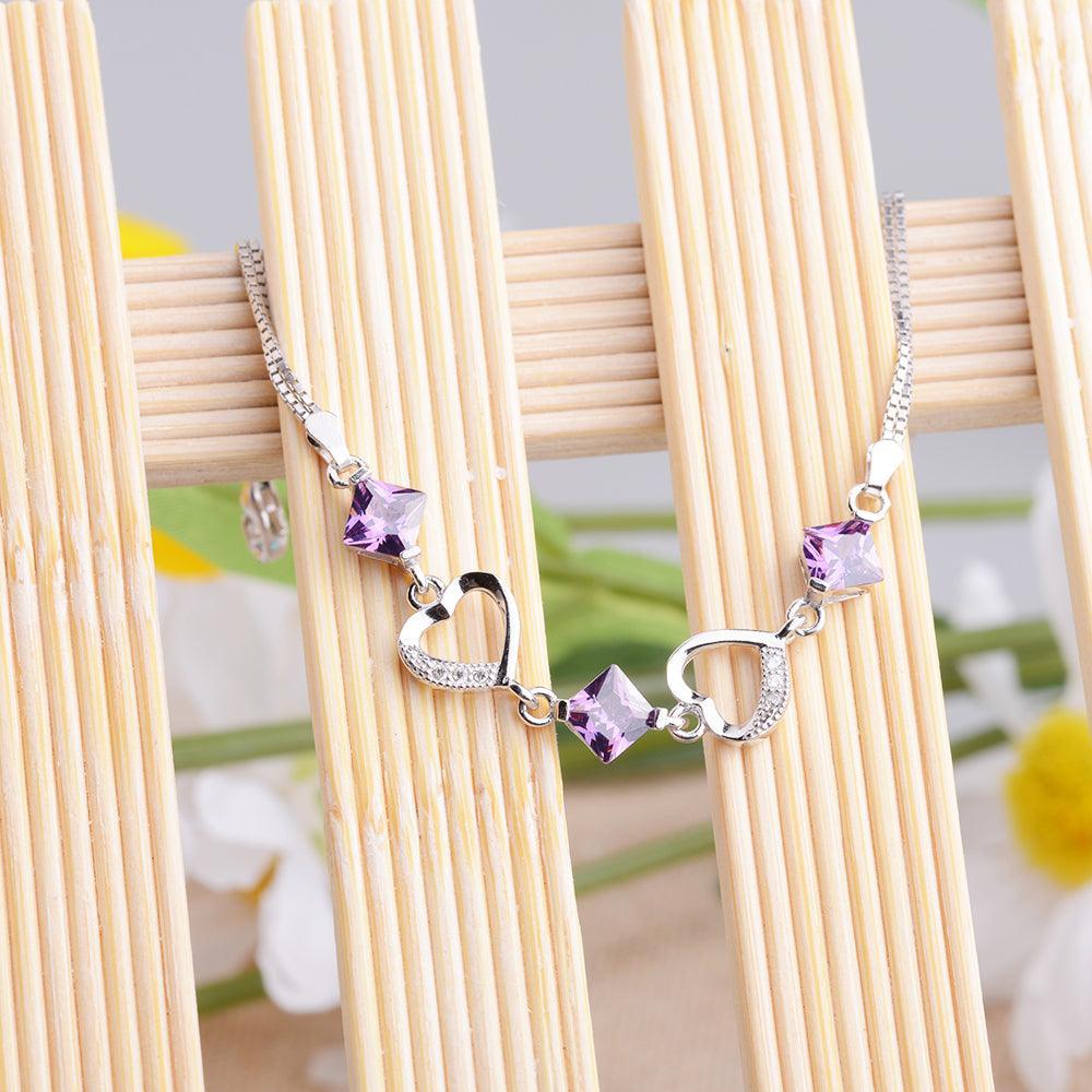 Women 925 Sterling Silver Bracelets with Rhombus Purple Cubic Zirconia, Best Gift Bracelet for Her - Personalized Jewel
