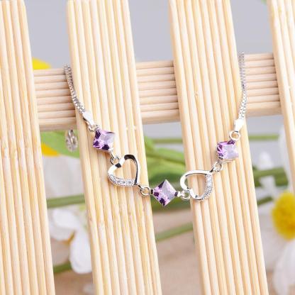 Women 925 Sterling Silver Bracelets with Rhombus Purple Cubic Zirconia, Best Gift Bracelet for Her - Personalized Jewel
