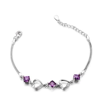Women 925 Sterling Silver Bracelets with Rhombus Purple Cubic Zirconia, Best Gift Bracelet for Her - Personalized Jewel