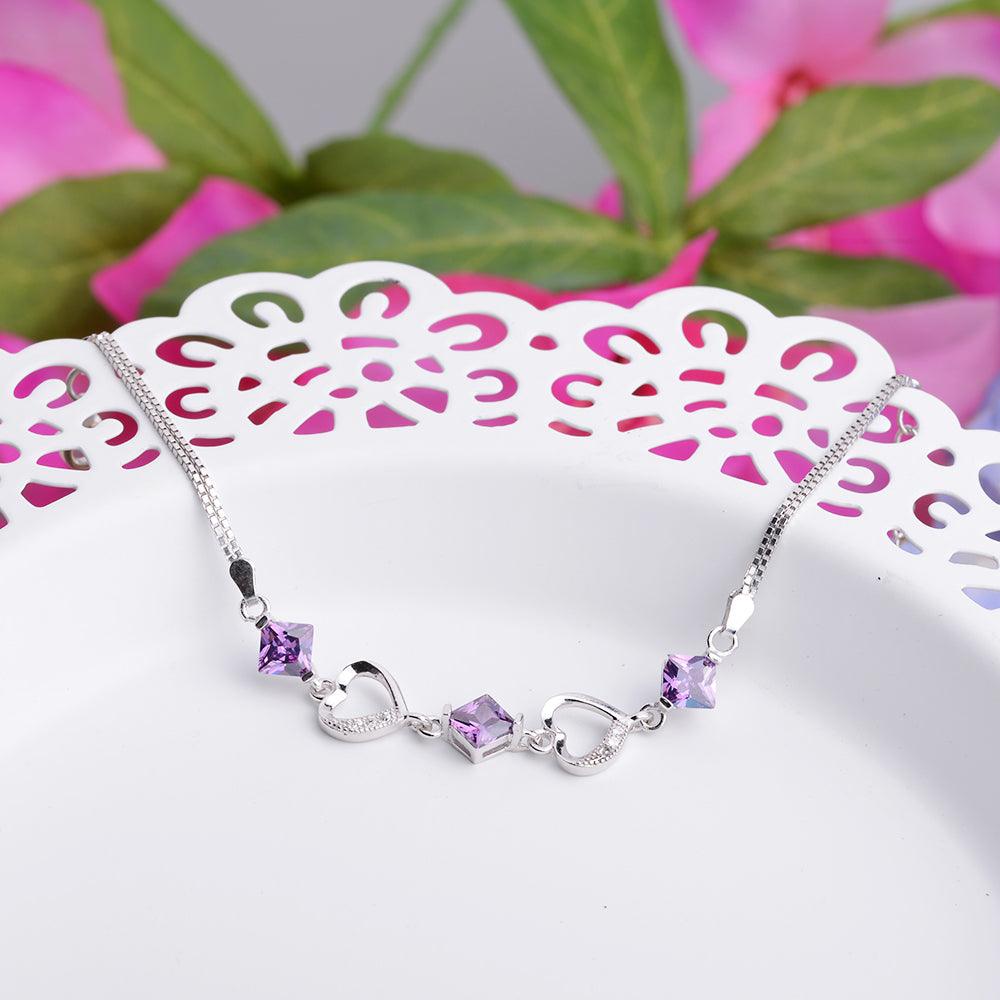 Women 925 Sterling Silver Bracelets with Rhombus Purple Cubic Zirconia, Best Gift Bracelet for Her - Personalized Jewel
