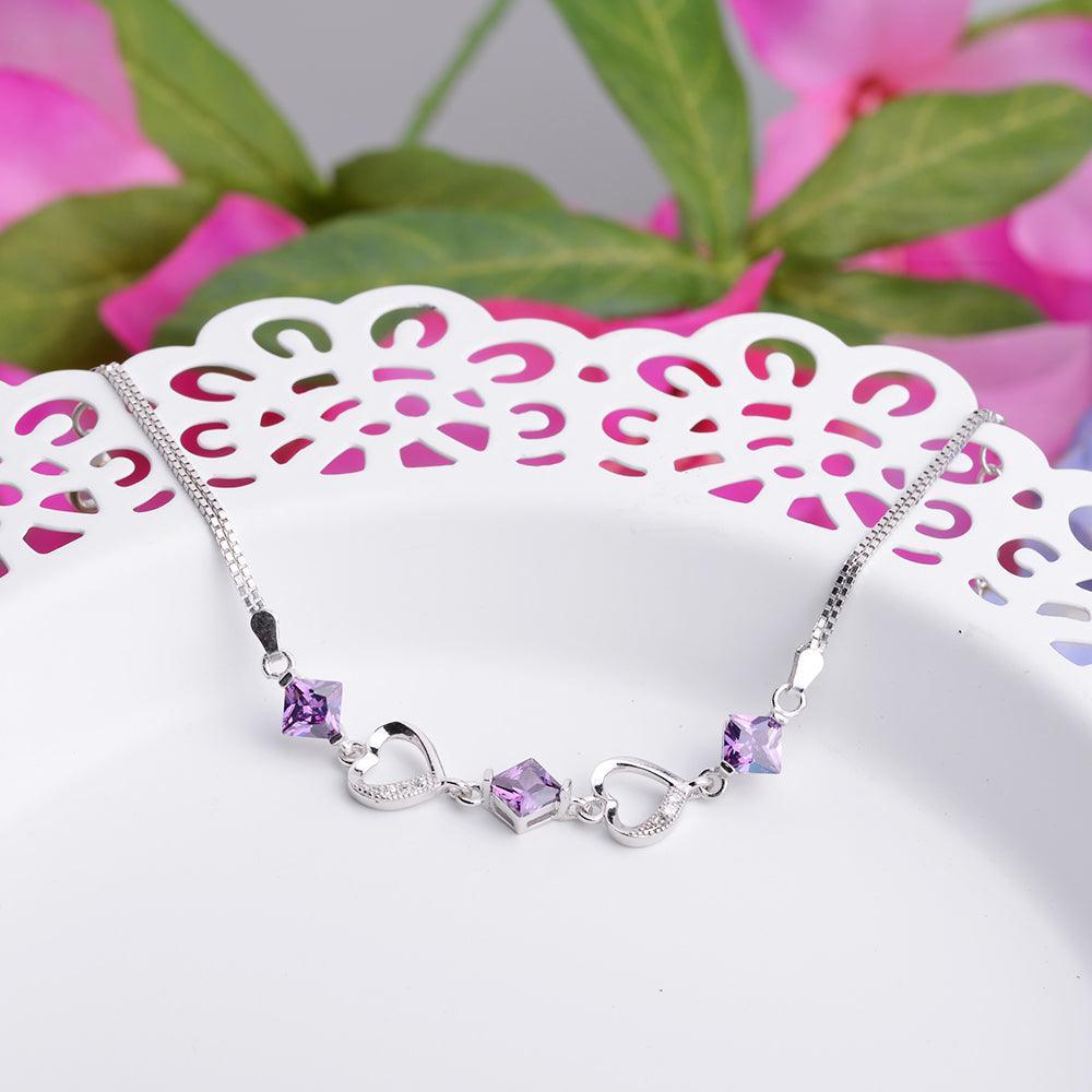Women 925 Sterling Silver Bracelets with Rhombus Purple Cubic Zirconia, Best Gift Bracelet for Her - Personalized Jewel