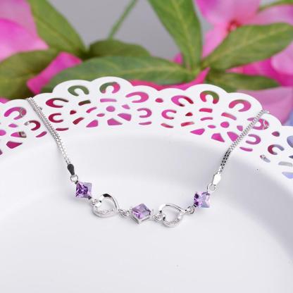 Women 925 Sterling Silver Bracelets with Rhombus Purple Cubic Zirconia, Best Gift Bracelet for Her - Personalized Jewel