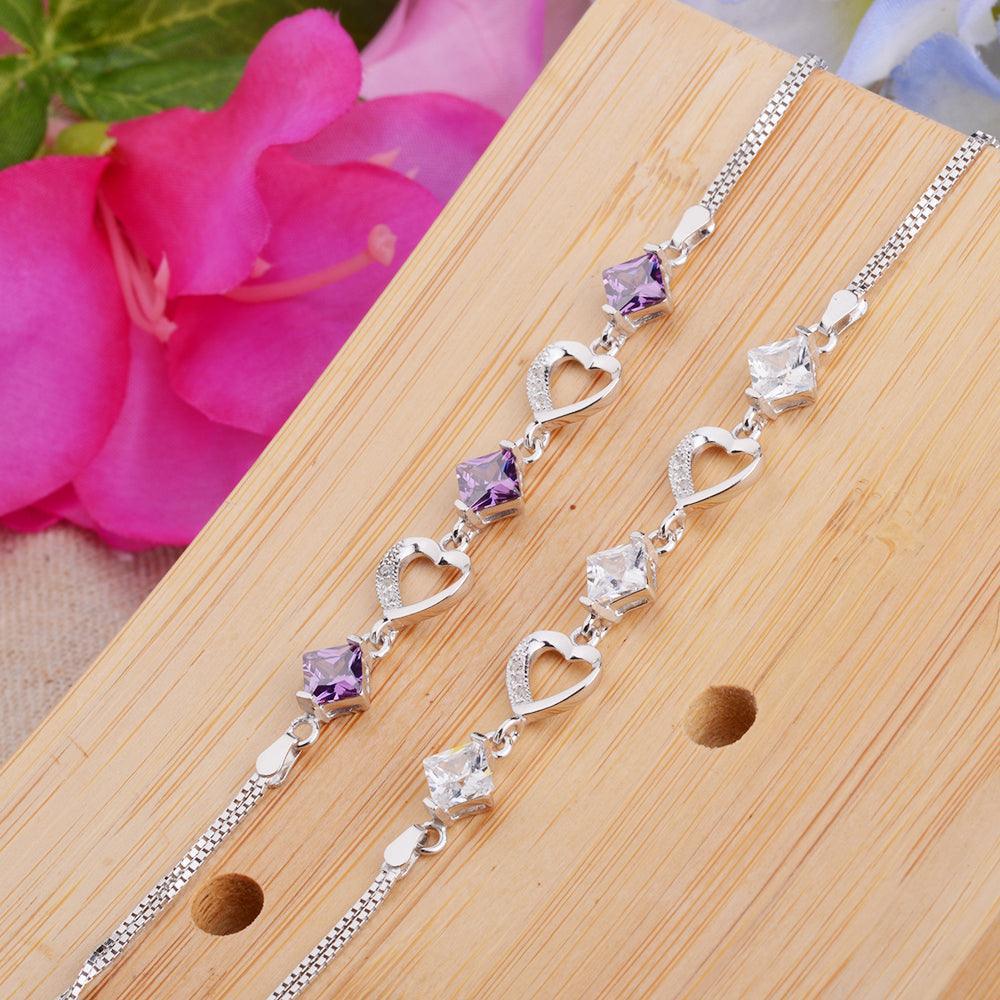 Women 925 Sterling Silver Bracelets with Rhombus Purple Cubic Zirconia, Best Gift Bracelet for Her - Personalized Jewel