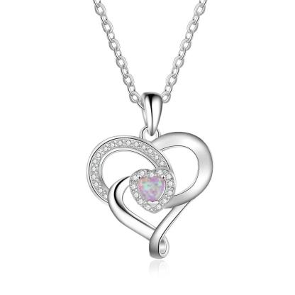 Women 925 Sterling Silver Necklace With Pink Opal Stone Heart Design Pendant, Party Jewelry - Personalized Jewel