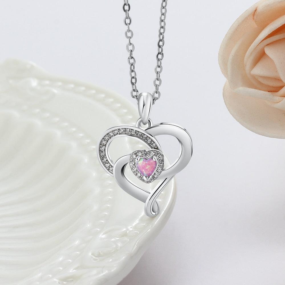 Women 925 Sterling Silver Necklace With Pink Opal Stone Heart Design Pendant, Party Jewelry - Personalized Jewel