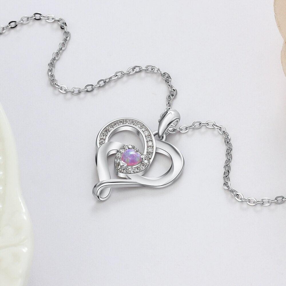 Women 925 Sterling Silver Necklace With Pink Opal Stone Heart Design Pendant, Party Jewelry - Personalized Jewel
