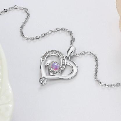 Women 925 Sterling Silver Necklace With Pink Opal Stone Heart Design Pendant, Party Jewelry - Personalized Jewel