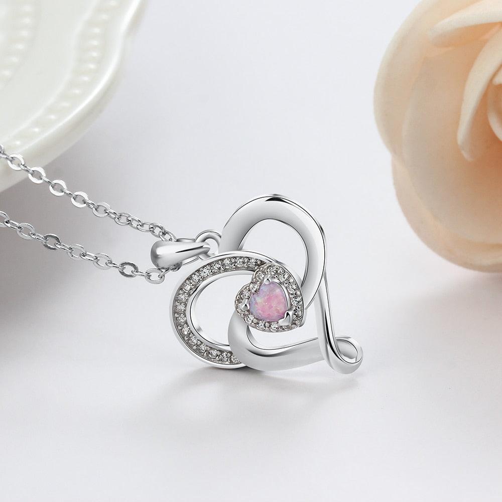 Women 925 Sterling Silver Necklace With Pink Opal Stone Heart Design Pendant, Party Jewelry - Personalized Jewel