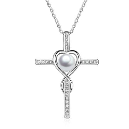 Women 925 Sterling Silver Pearl Pendant Necklace Full Zirconia Paved Cross Necklace Fine Jewelry Gift - Personalized Jewel