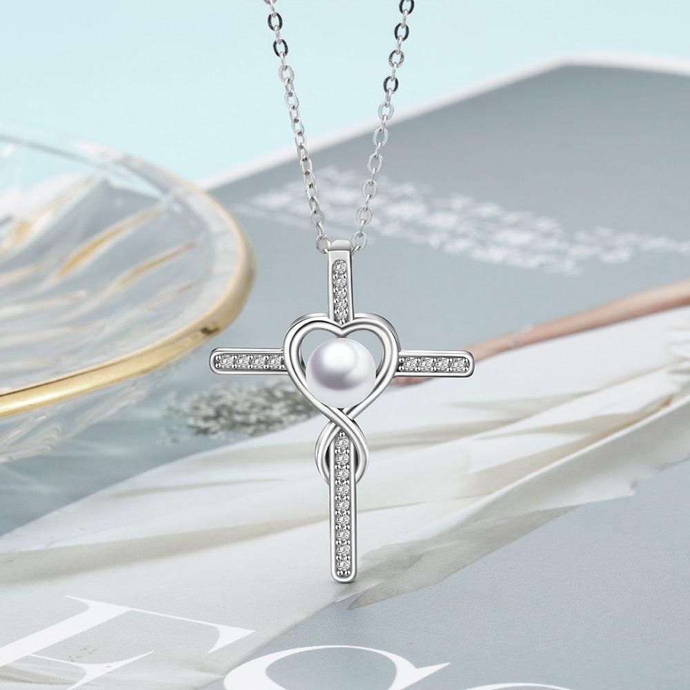 Women 925 Sterling Silver Pearl Pendant Necklace Full Zirconia Paved Cross Necklace Fine Jewelry Gift - Personalized Jewel