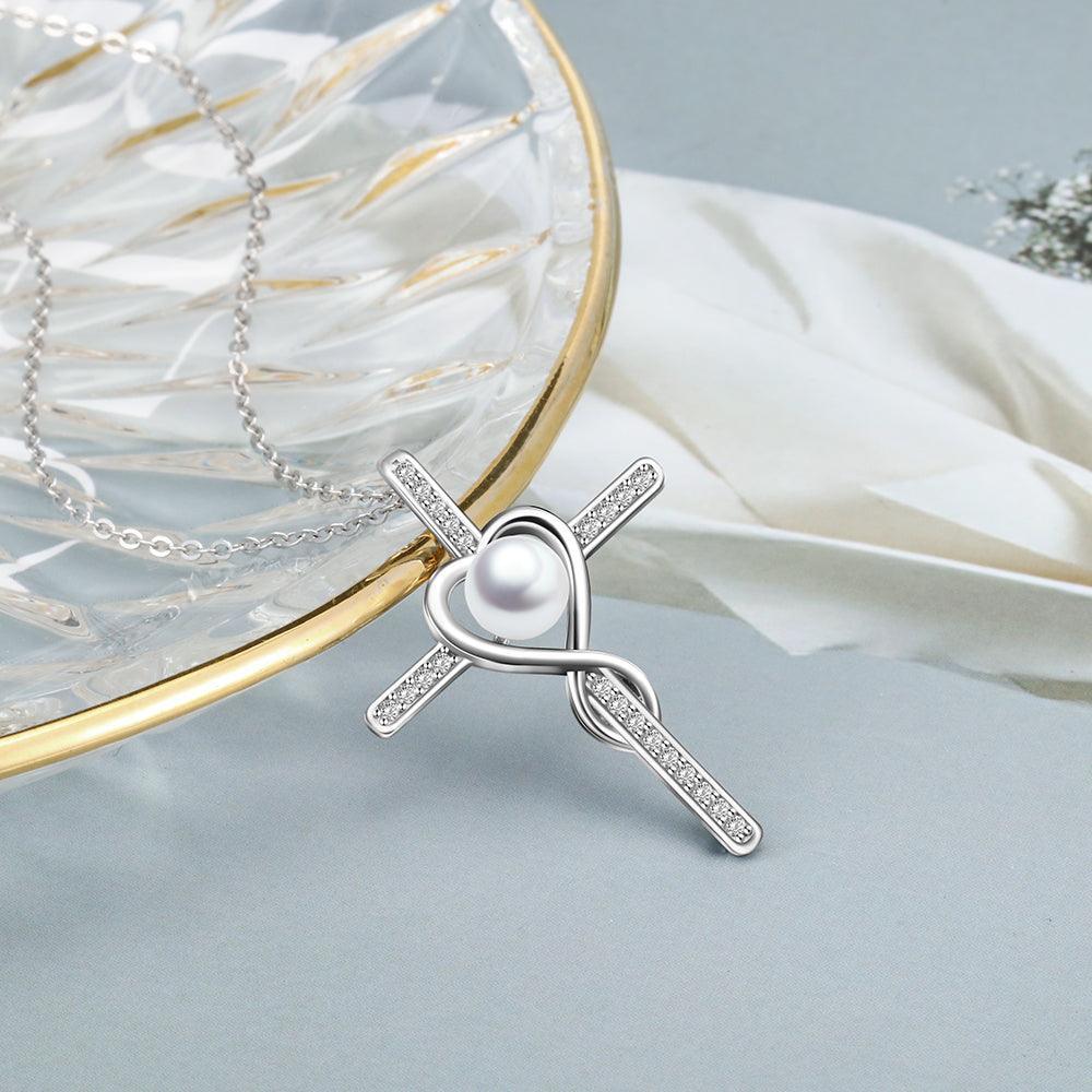 Women 925 Sterling Silver Pearl Pendant Necklace Full Zirconia Paved Cross Necklace Fine Jewelry Gift - Personalized Jewel