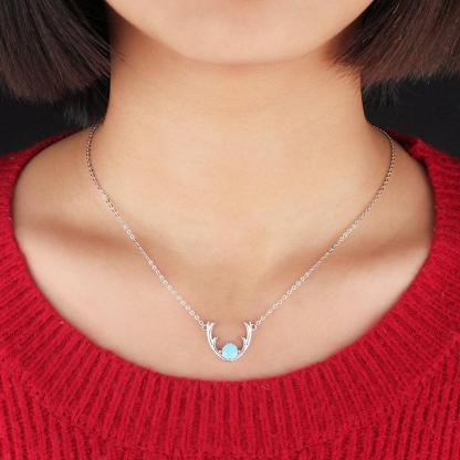 Women’s 925 Sterling Silver Necklace & Deer Head Design Pendant with Blue Opal, Trendy Party Jewelry - Personalized Jewel