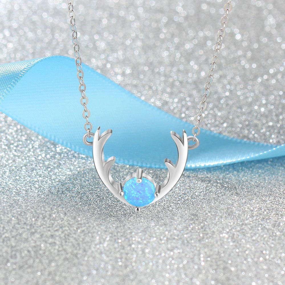Women’s 925 Sterling Silver Necklace & Deer Head Design Pendant with Blue Opal, Trendy Party Jewelry - Personalized Jewel