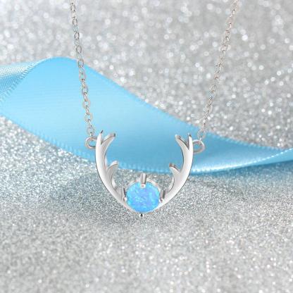 Women’s 925 Sterling Silver Necklace & Deer Head Design Pendant with Blue Opal, Trendy Party Jewelry - Personalized Jewel