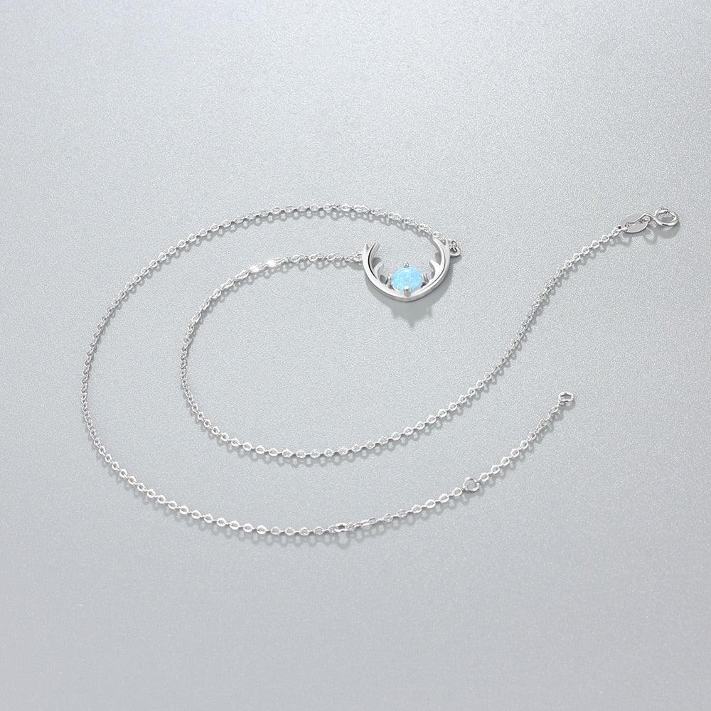 Women’s 925 Sterling Silver Necklace & Deer Head Design Pendant with Blue Opal, Trendy Party Jewelry - Personalized Jewel