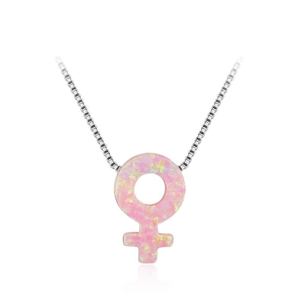 Women’s 925 Sterling Silver Necklace & Female Gender Symbol Pendant with Pink Opal, Trendy Fashion Jewelry with Box Chain - Personalized Jewel