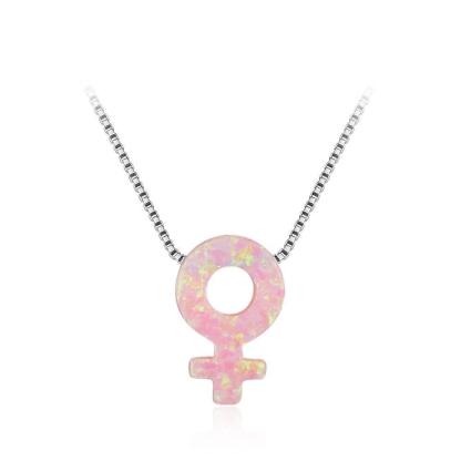 Women’s 925 Sterling Silver Necklace & Female Gender Symbol Pendant with Pink Opal, Trendy Fashion Jewelry with Box Chain - Personalized Jewel