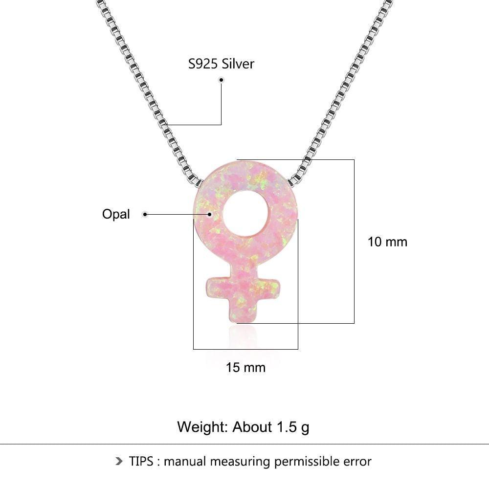 Women’s 925 Sterling Silver Necklace & Female Gender Symbol Pendant with Pink Opal, Trendy Fashion Jewelry with Box Chain - Personalized Jewel