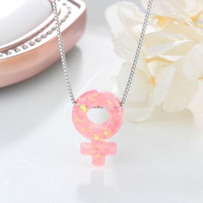 Women’s 925 Sterling Silver Necklace & Female Gender Symbol Pendant with Pink Opal, Trendy Fashion Jewelry with Box Chain - Personalized Jewel