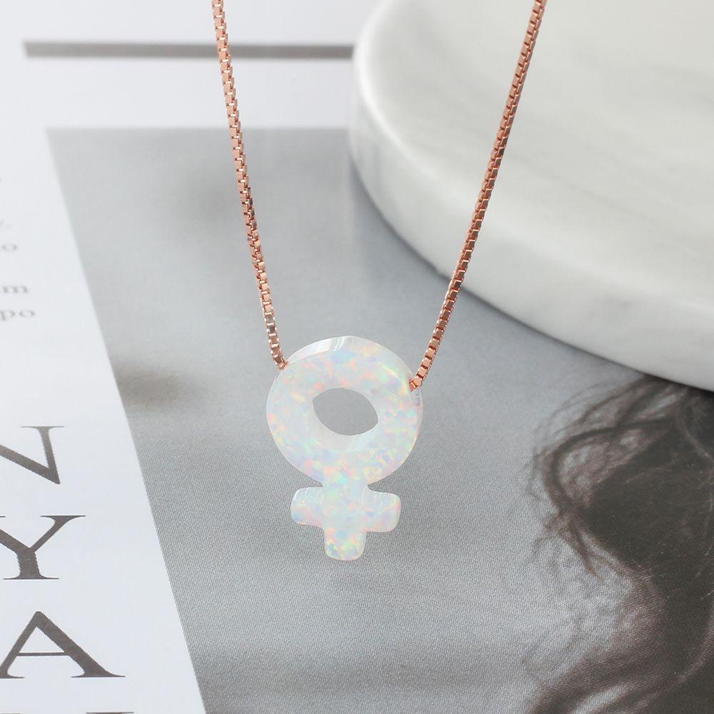 Women’s 925 Sterling Silver Necklace & Female Gender Symbol Pendant with Pink Opal, Trendy Fashion Jewelry with Box Chain - Personalized Jewel