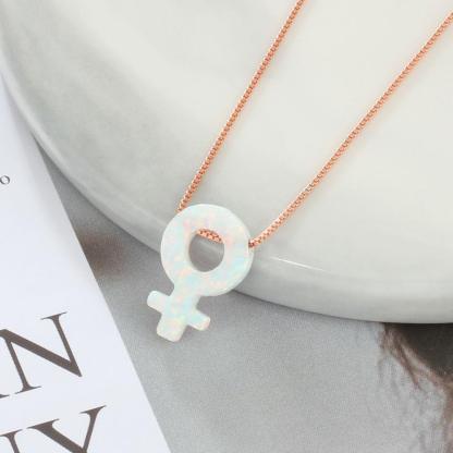 Women’s 925 Sterling Silver Necklace & Female Gender Symbol Pendant with Pink Opal, Trendy Fashion Jewelry with Box Chain - Personalized Jewel