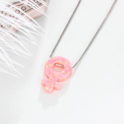 Women’s 925 Sterling Silver Necklace & Female Gender Symbol Pendant with Pink Opal, Trendy Fashion Jewelry with Box Chain - Personalized Jewel