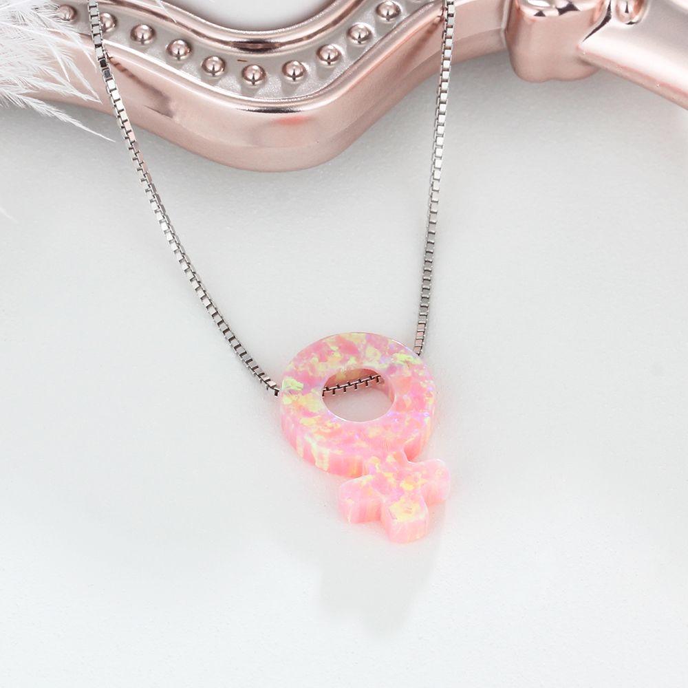 Women’s 925 Sterling Silver Necklace & Female Gender Symbol Pendant with Pink Opal, Trendy Fashion Jewelry with Box Chain - Personalized Jewel