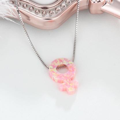 Women’s 925 Sterling Silver Necklace & Female Gender Symbol Pendant with Pink Opal, Trendy Fashion Jewelry with Box Chain - Personalized Jewel