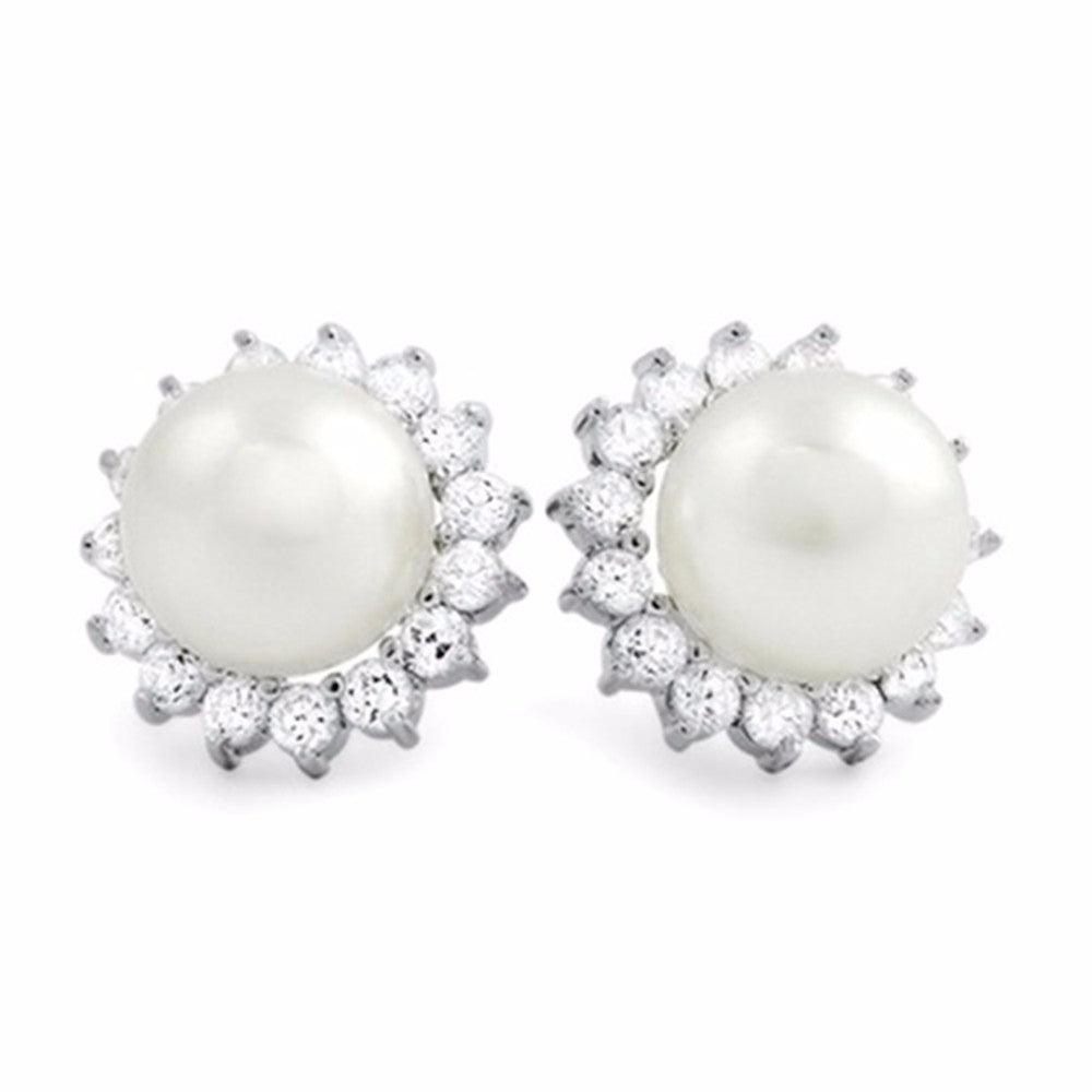 Women’s 925 Sterling Silver Pearl Stud Earrings with Cubic Zirconia-Personalized Jewels