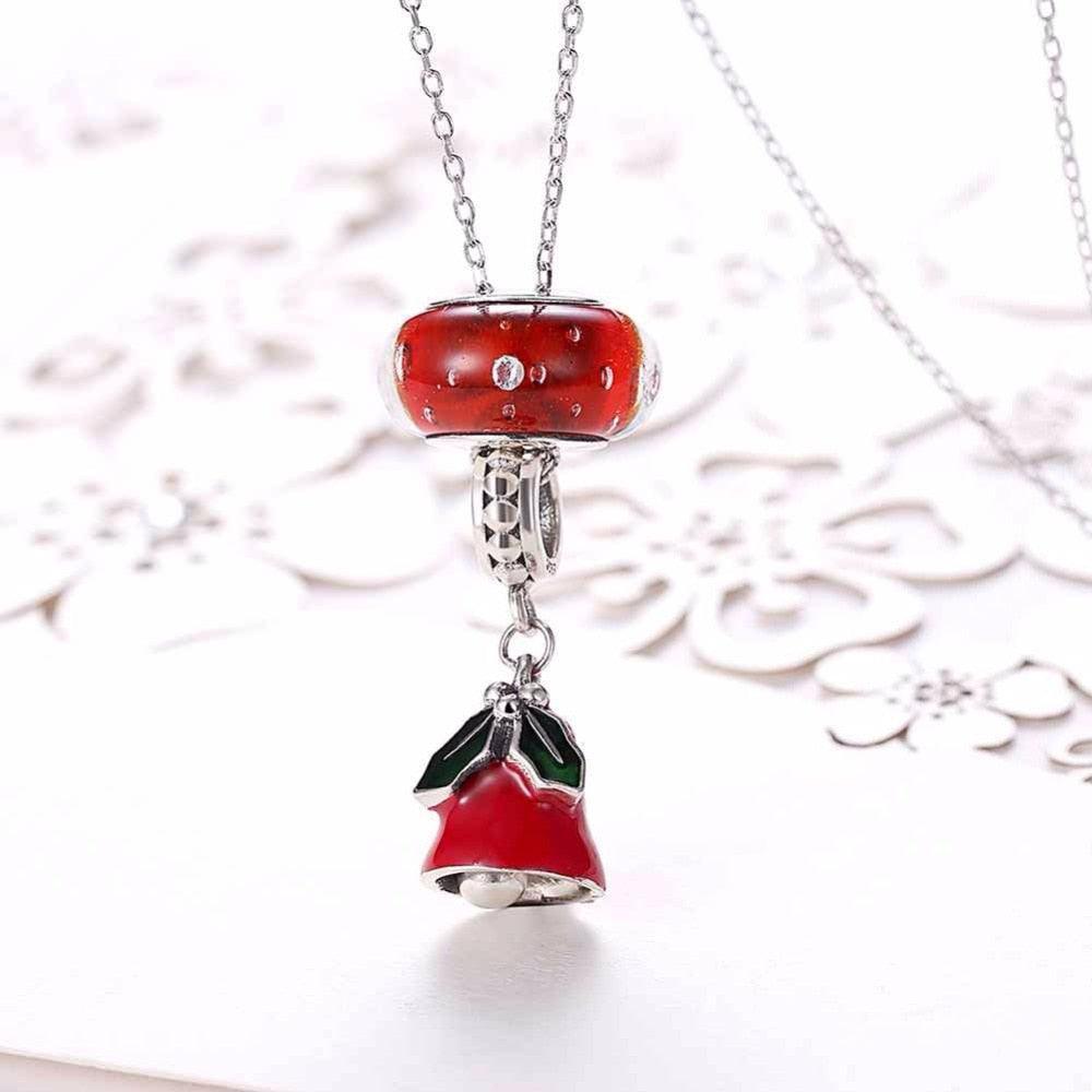 Women’s 925 Sterling Silver Solid Necklace With Red Bell Pendant, Ethnic Christmas Jewelry Gift for Girls - Personalized Jewel