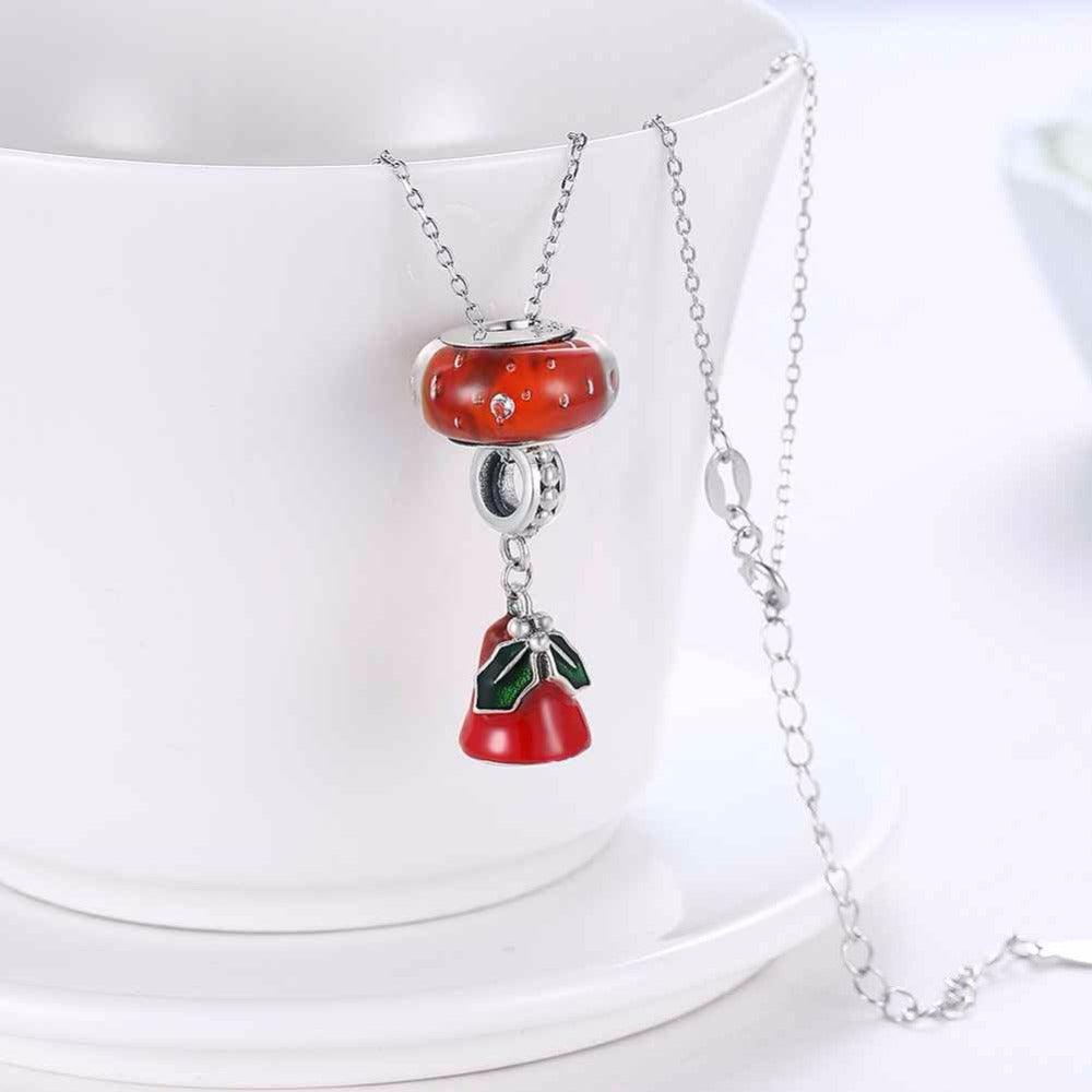 Women’s 925 Sterling Silver Solid Necklace With Red Bell Pendant, Ethnic Christmas Jewelry Gift for Girls - Personalized Jewel