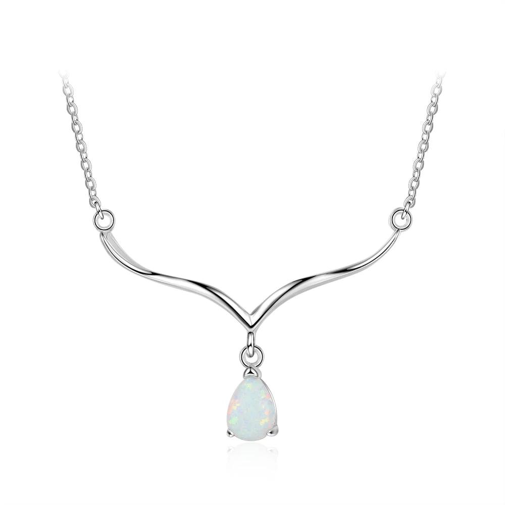 Women’s 925 Sterling Silver V Shape Necklace with Water Drop White Opal Pendant, Trendy Wedding Gift - Personalized Jewel