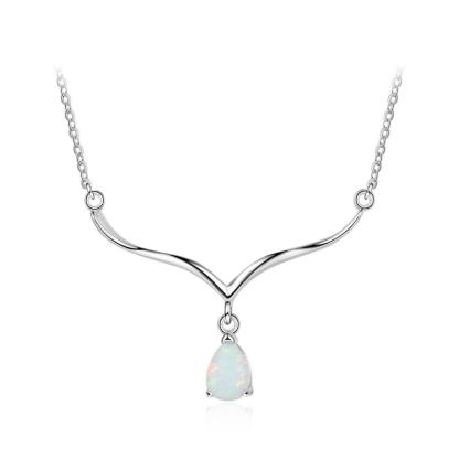 Women’s 925 Sterling Silver V Shape Necklace with Water Drop White Opal Pendant, Trendy Wedding Gift - Personalized Jewel