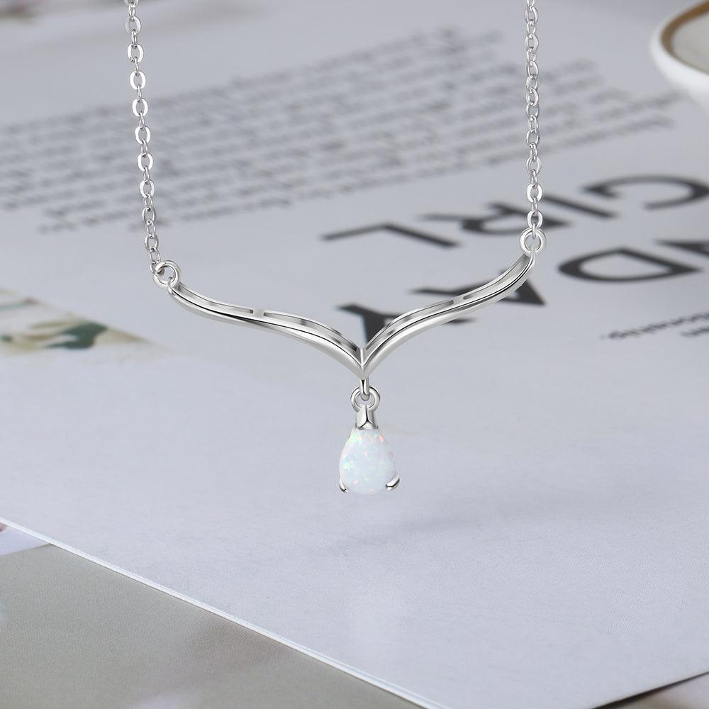 Women’s 925 Sterling Silver V Shape Necklace with Water Drop White Opal Pendant, Trendy Wedding Gift - Personalized Jewel