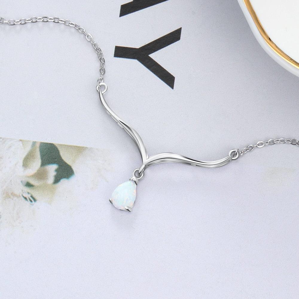 Women’s 925 Sterling Silver V Shape Necklace with Water Drop White Opal Pendant, Trendy Wedding Gift - Personalized Jewel