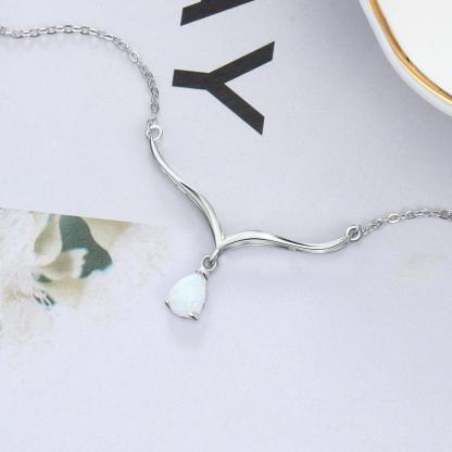 Women’s 925 Sterling Silver V Shape Necklace with Water Drop White Opal Pendant, Trendy Wedding Gift - Personalized Jewel