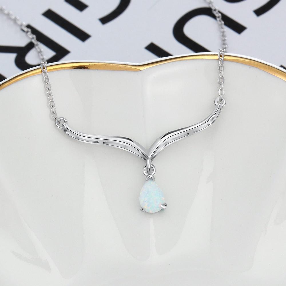 Women’s 925 Sterling Silver V Shape Necklace with Water Drop White Opal Pendant, Trendy Wedding Gift - Personalized Jewel