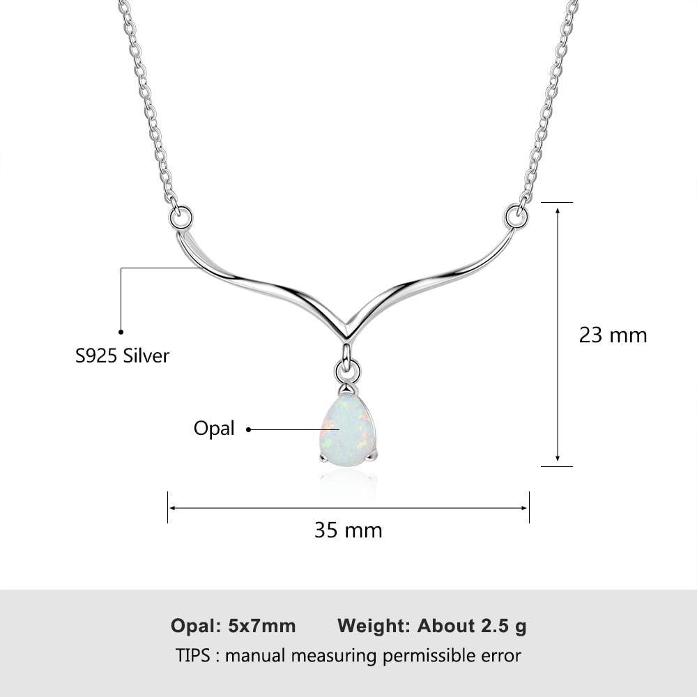 Women’s 925 Sterling Silver V Shape Necklace with Water Drop White Opal Pendant, Trendy Wedding Gift - Personalized Jewel