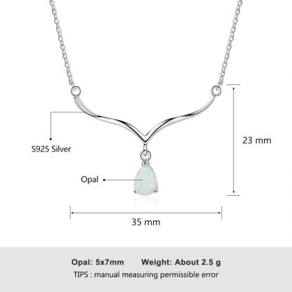 Women’s 925 Sterling Silver V Shape Necklace with Water Drop White Opal Pendant, Trendy Wedding Gift - Personalized Jewel