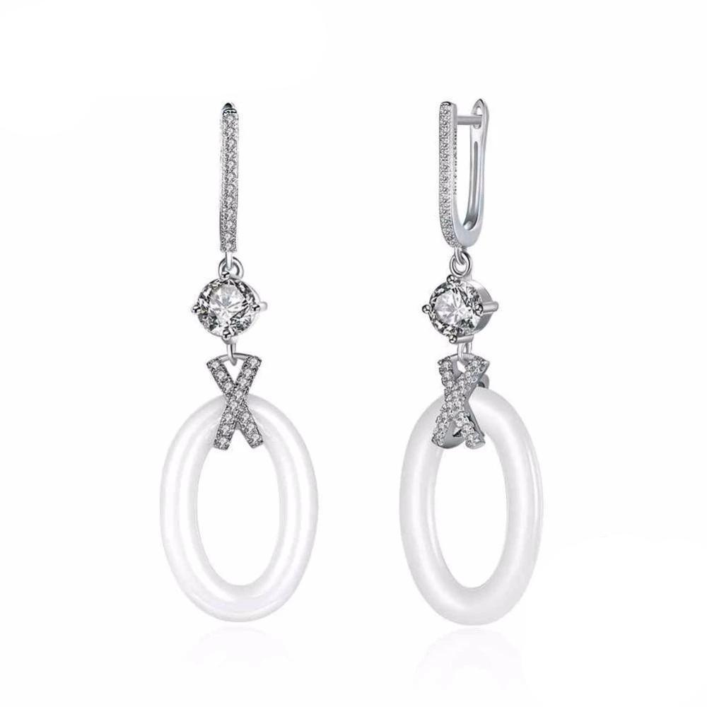 Women Sterling Silver Drop Earrings- 925 Sterling Silver Ellipse Earrings for Women- Ceramic Zirconia Dangler Earrings for Women- Dangler Jewelry Gift - Personalized Jewel