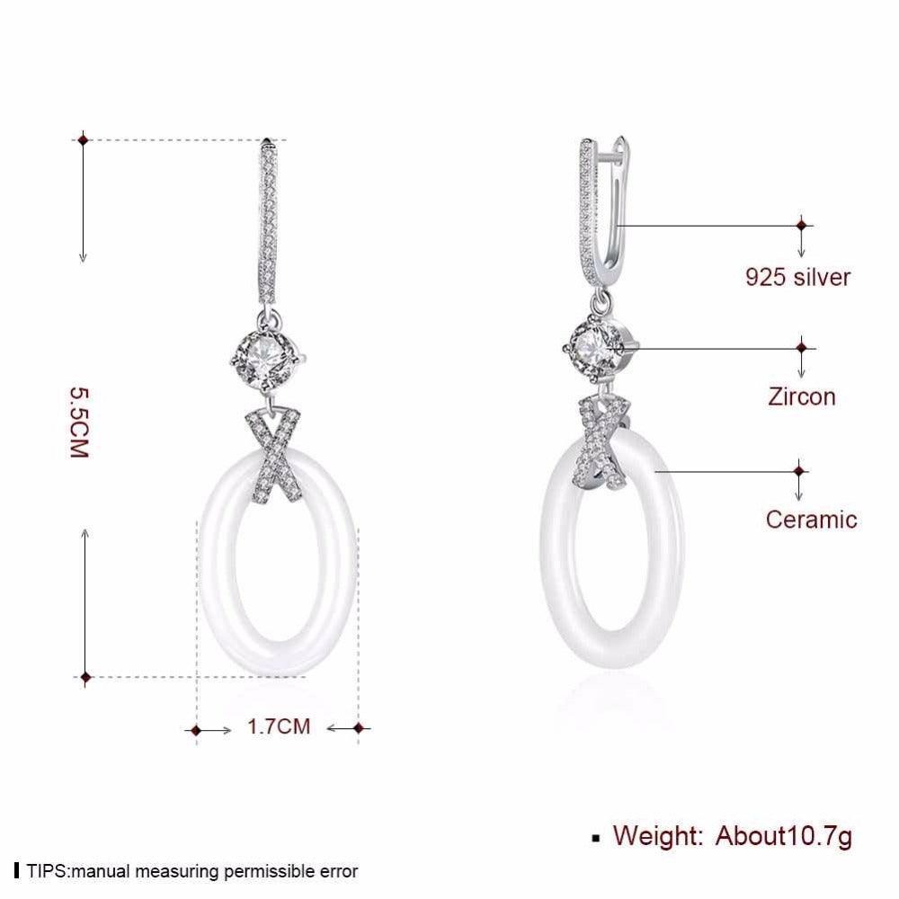 Women Sterling Silver Drop Earrings- 925 Sterling Silver Ellipse Earrings for Women- Ceramic Zirconia Dangler Earrings for Women- Dangler Jewelry Gift - Personalized Jewel