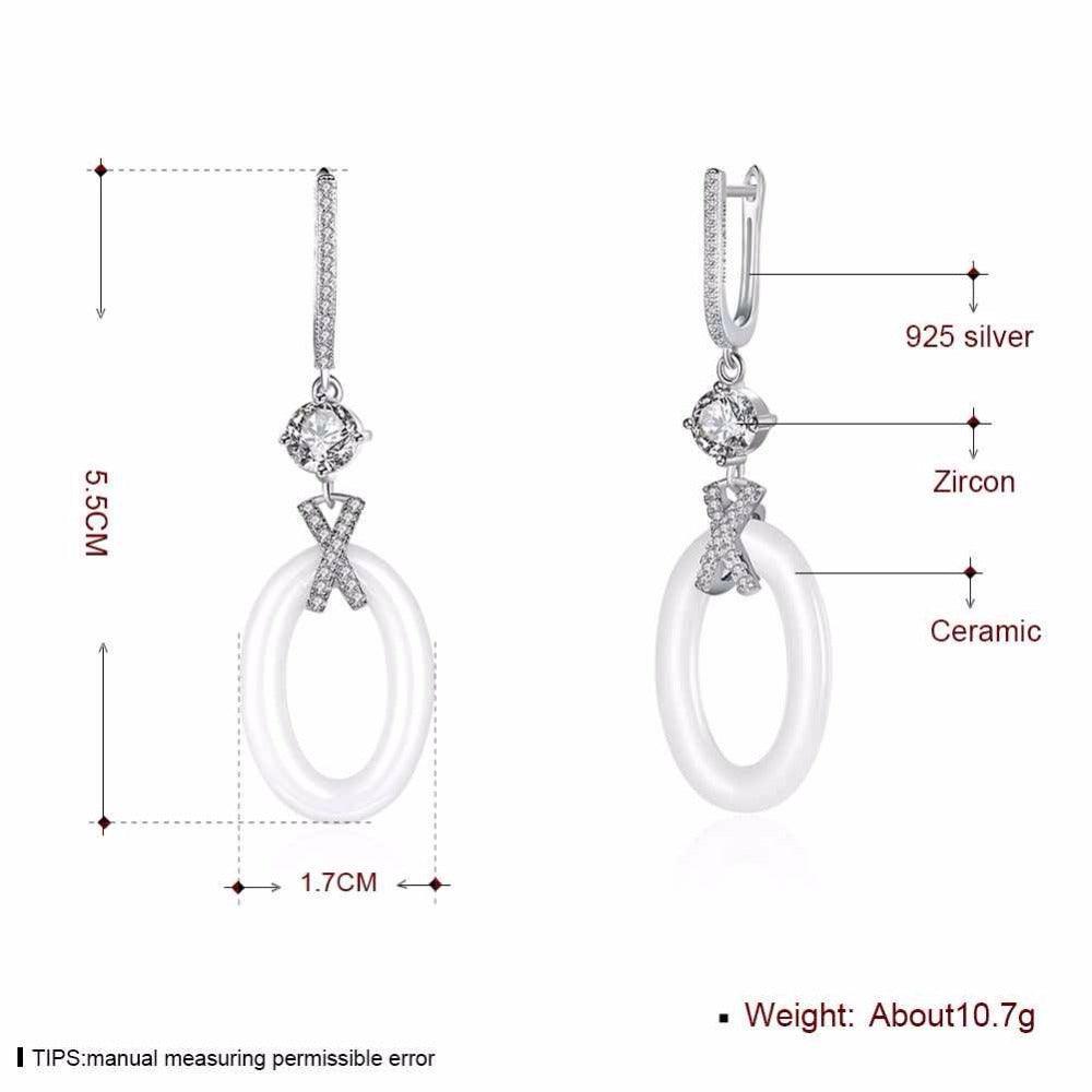 Women Sterling Silver Drop Earrings- 925 Sterling Silver Ellipse Earrings for Women- Ceramic Zirconia Dangler Earrings for Women- Dangler Jewelry Gift - Personalized Jewel
