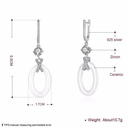 Women Sterling Silver Drop Earrings- 925 Sterling Silver Ellipse Earrings for Women- Ceramic Zirconia Dangler Earrings for Women- Dangler Jewelry Gift - Personalized Jewel