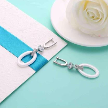 Women Sterling Silver Drop Earrings- 925 Sterling Silver Ellipse Earrings for Women- Ceramic Zirconia Dangler Earrings for Women- Dangler Jewelry Gift - Personalized Jewel