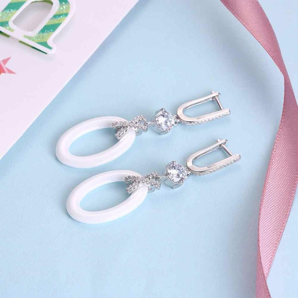Women Sterling Silver Drop Earrings- 925 Sterling Silver Ellipse Earrings for Women- Ceramic Zirconia Dangler Earrings for Women- Dangler Jewelry Gift - Personalized Jewel
