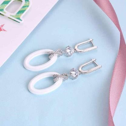 Women Sterling Silver Drop Earrings- 925 Sterling Silver Ellipse Earrings for Women- Ceramic Zirconia Dangler Earrings for Women- Dangler Jewelry Gift - Personalized Jewel