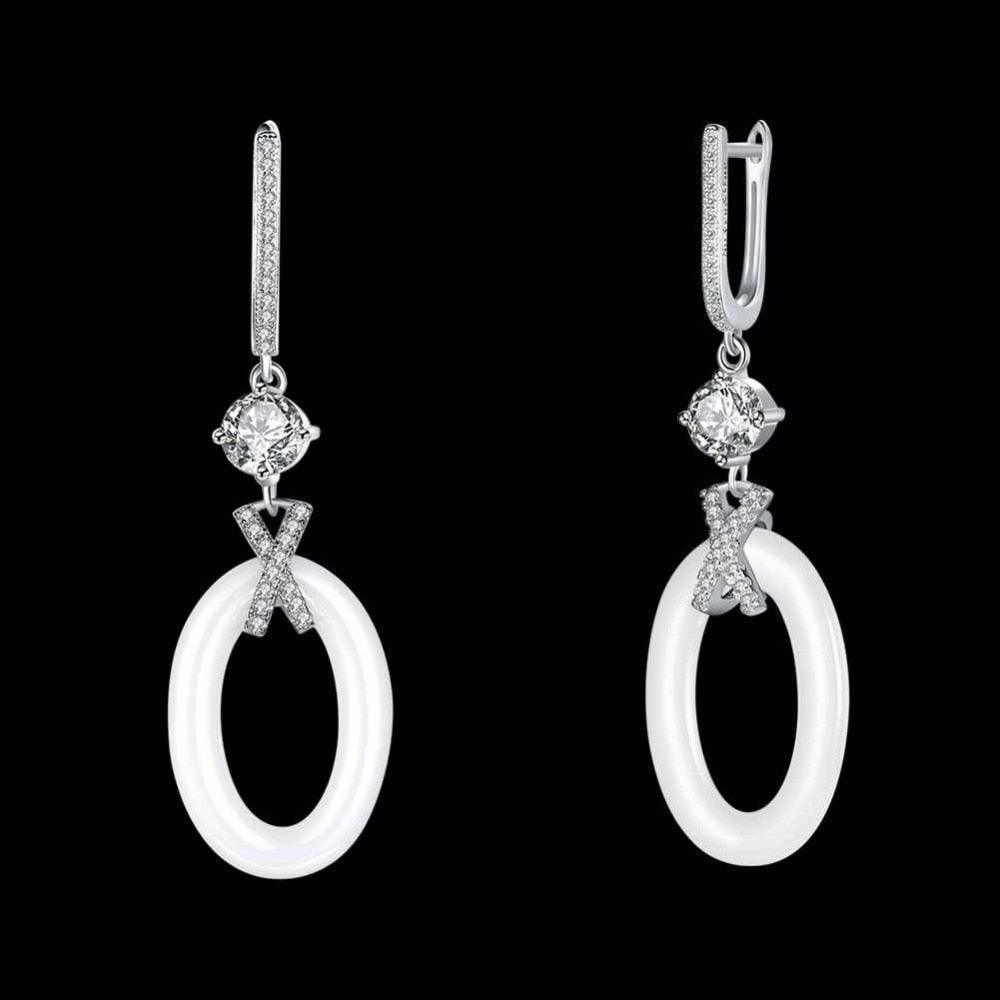 Women Sterling Silver Drop Earrings- 925 Sterling Silver Ellipse Earrings for Women- Ceramic Zirconia Dangler Earrings for Women- Dangler Jewelry Gift - Personalized Jewel